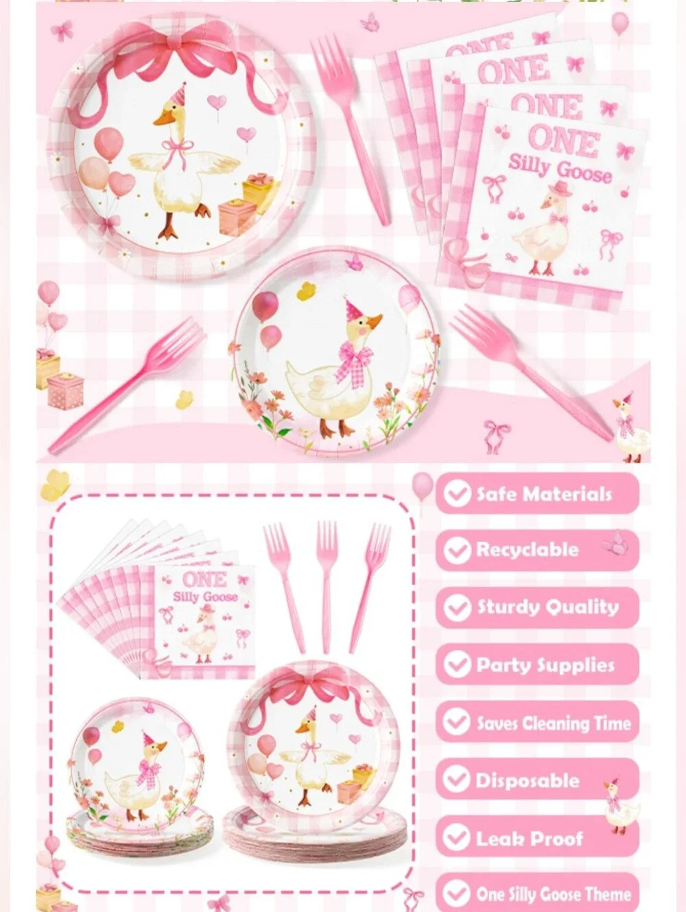 New 96Pc One Silly Goose Party Tableware Set Pink 1st Birthday Baby Shower Plate